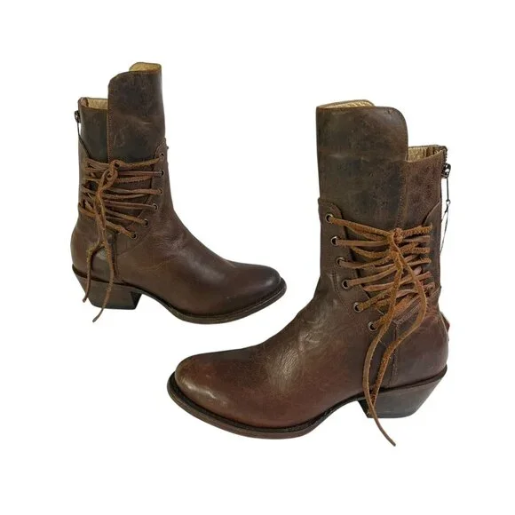 Stetson Womens Emory Boots Handmade Brown Distressed Leather Laced Western NEW - Picture 2 of 6